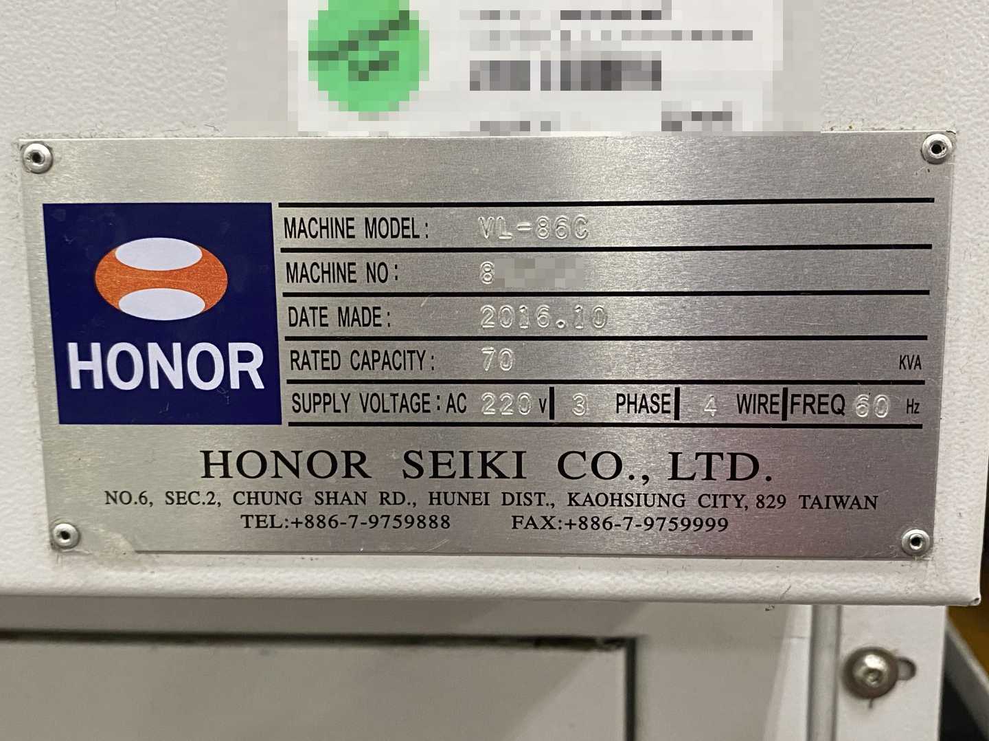 Honor Seiki VL-86C CNC Vertical Turning Center Fanuc 0i-TF, 17,656 Hours, 2016, 32" Table, 37.4" Swing, 37.4" Turn Dia, 25.5" Turn Height, 12-Station Turret, 70 kVA