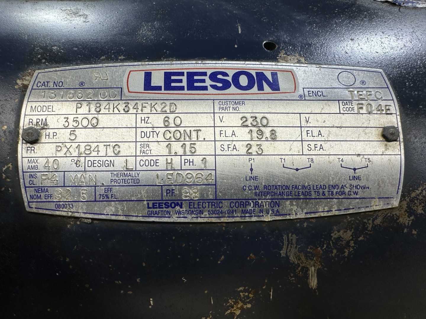 Leeson Electric P184K34FK2D 5 HP 230V 3500RPM 1PH PX184TC 2 Motor