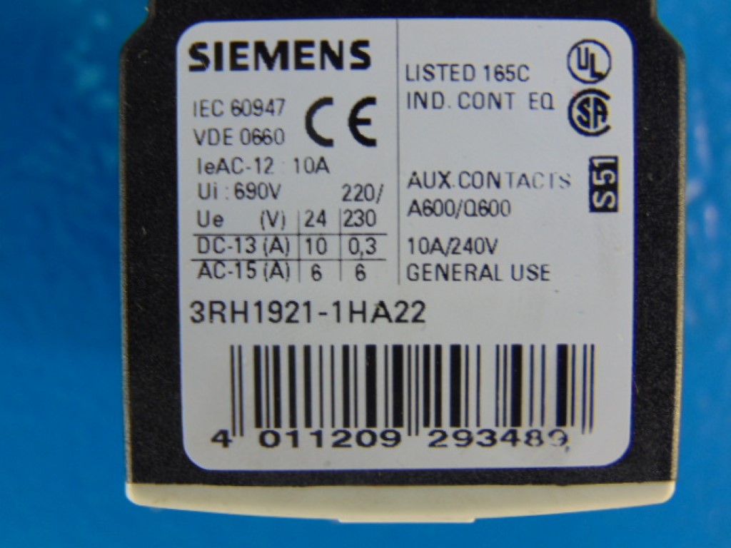 SIEMENS 3RH1921-1HA22 MOTOR STARTER/ CONTROLLER W/ AUX CONTACT 10A 220/240V