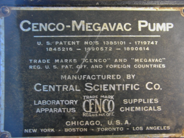 Central Scientific CENCO Megavac Pump w/ GE 1/3hp Motor 5KC49AB588