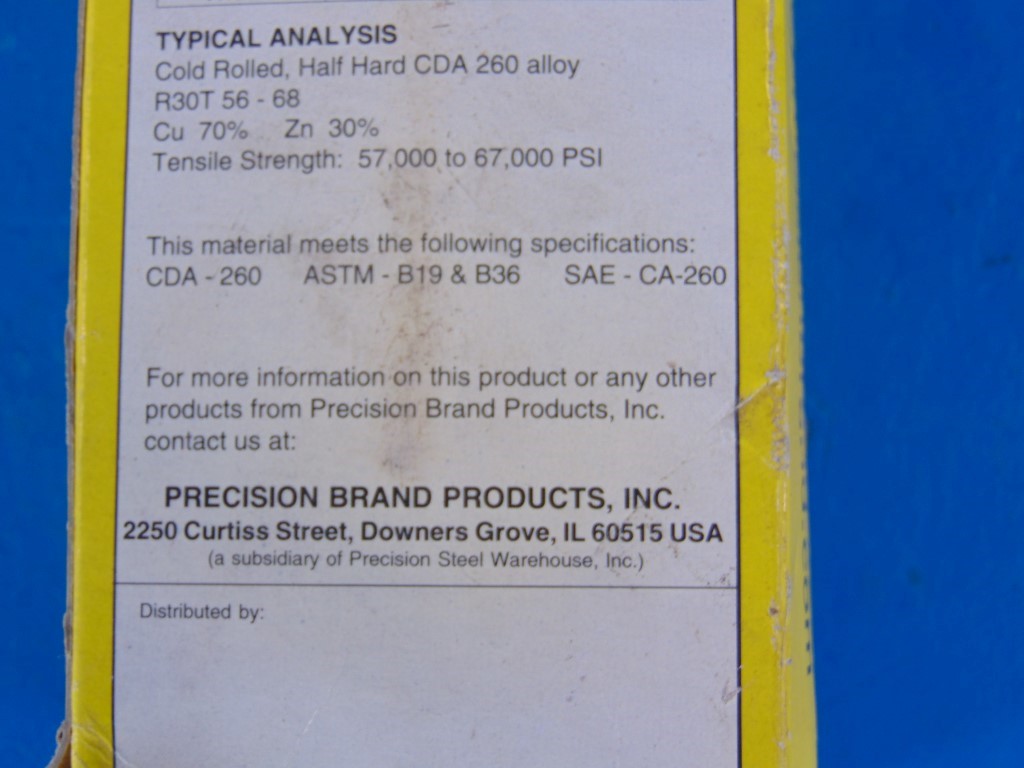 Precision Brand 17415 .010 Brass Shim Stock 6" X 100" Roll NIB