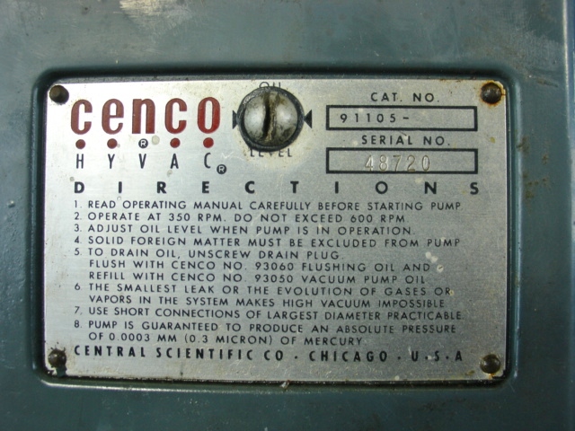 Cenco 91105 HiVac Vacuum Pump with 1/4HP General Electric Motor
