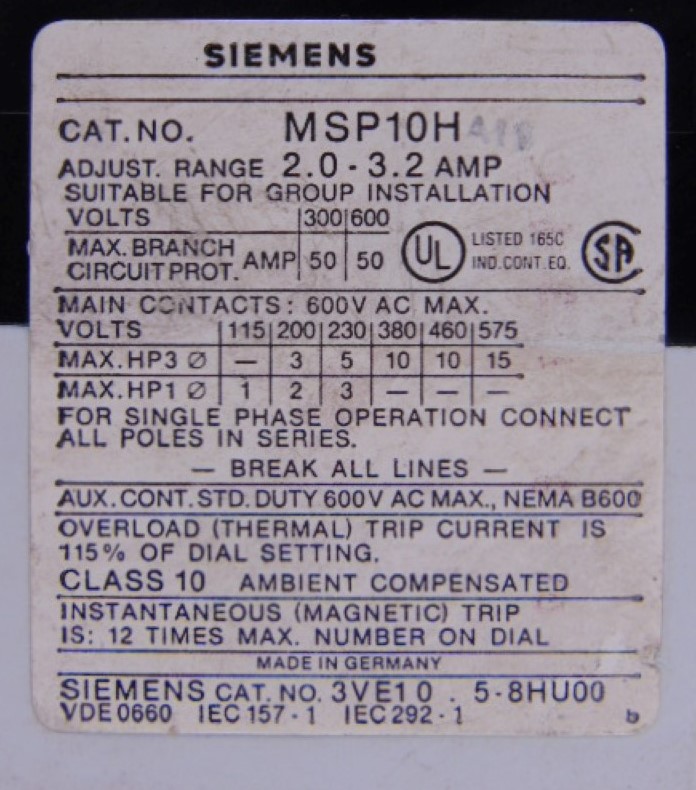 SIEMENS-ALLIS MSP1 MSP10H MOTOR STARTER PROTECTOR 3VE10