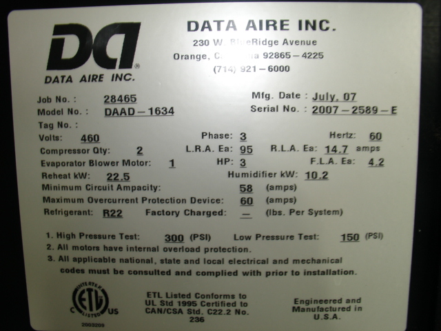 New Data Aire DX DAAD 16ton Downflow Precision Cooling System