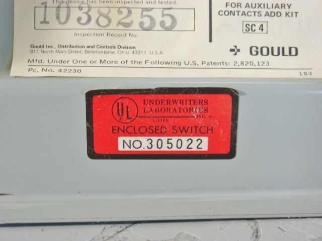 30 AMP Gould F351 Safety Switch 30A I-T-E  Fuseable Safety Switch 600V 3Ph 