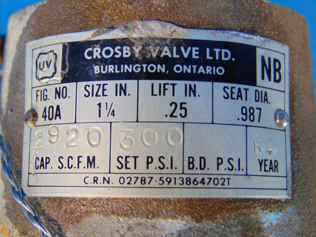 Crosby relief valve 40A 1 1/4" CAP 2920SCFM 300PSI