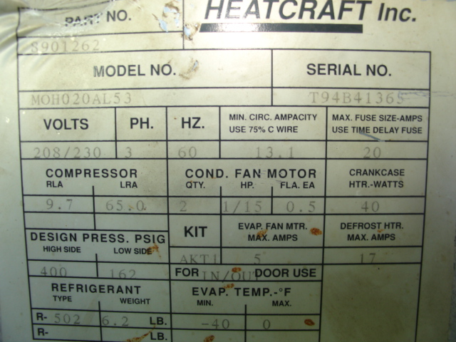 Heatcraft MOH020AL53 Indoor/Outdoor Condenser 208/230V