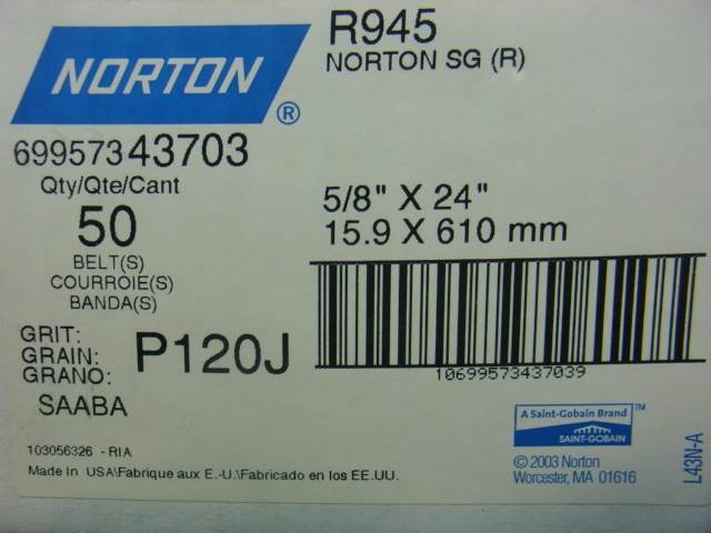 NORTON SG R945 5/8"x 24"  P120J  Sold per Box of 50 IN BOX 5/8" x 24" long