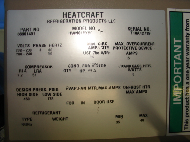  BOHN HWN015X6C Hermetic indoor water cooled Condensing Unit 208/230V 3ph 1.5hp