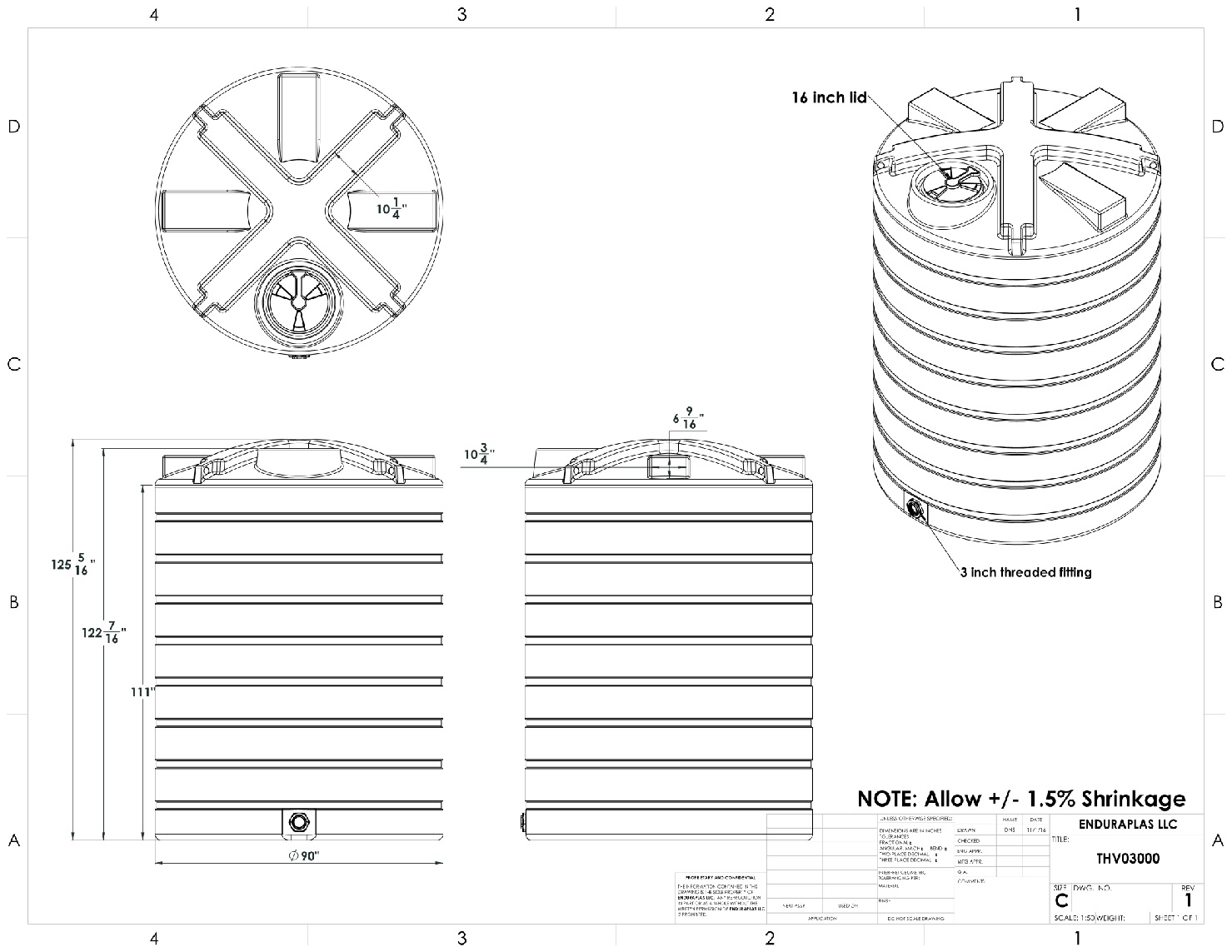 3000 Gallon Enduraplas THV03000WH Flat Bottom Storage