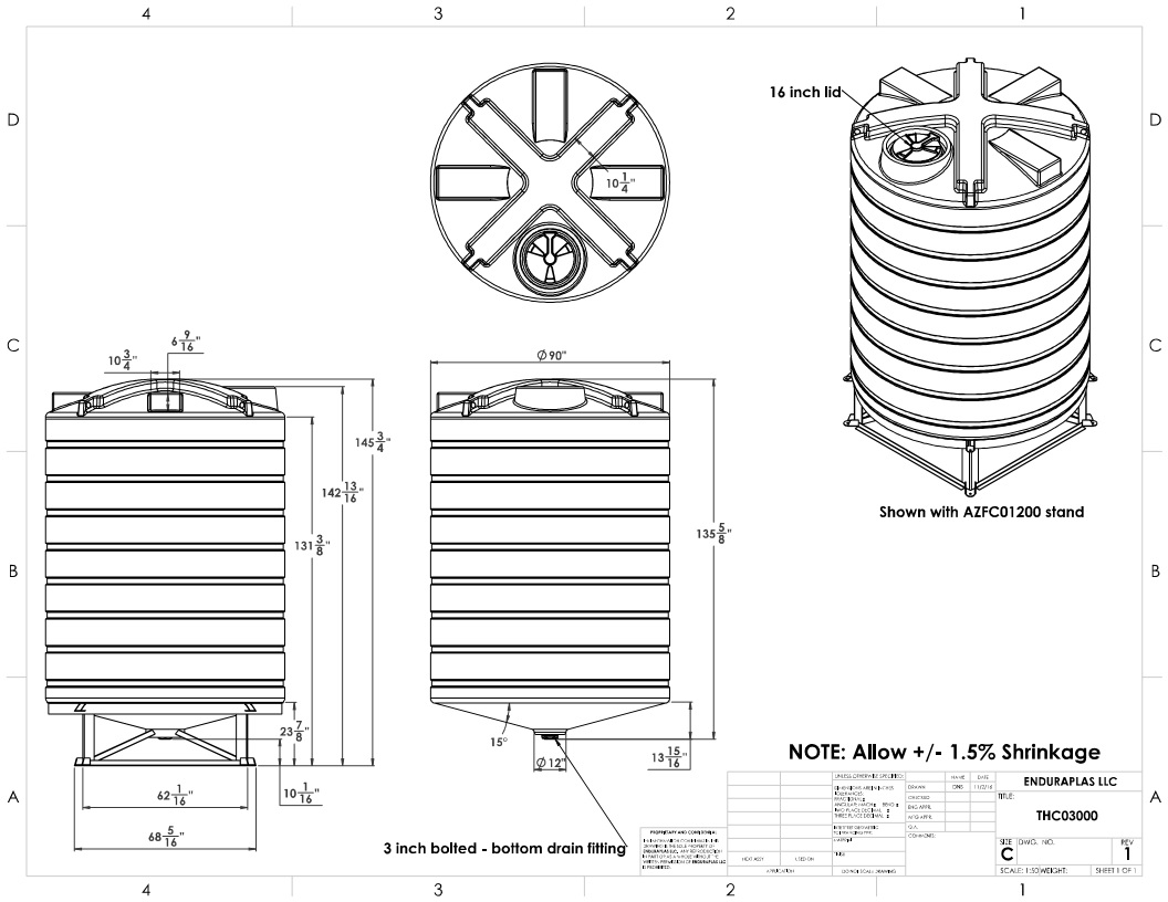 3000 Gallon Enduraplas Cone Bottom Tank - Model THC03000-WH - No Stand - Industrial Liquid Storage