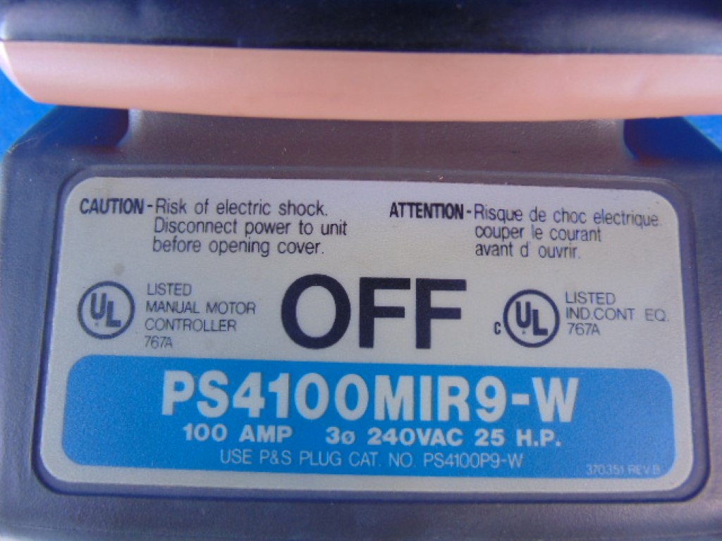 PASS & SEYMOUR PS4100MIR9-W 100AMP 240V 25HP MECHANICAL INTERLOCK