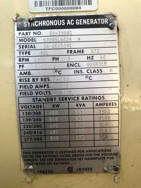 Kohler 500KW Diesel Generator 572RSL4024 / ES-19981 w/ storage tank