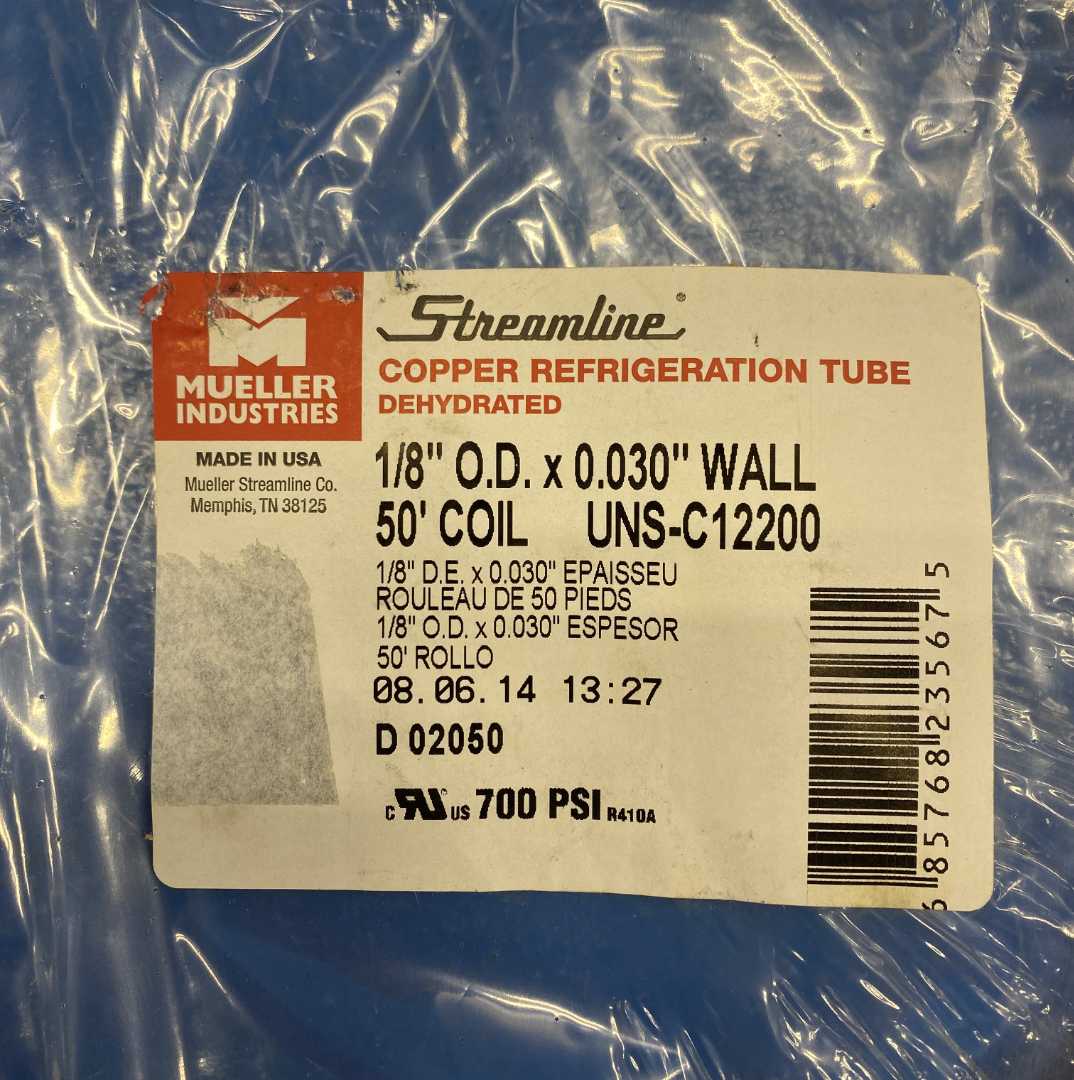 Mueller Industries Streamline 1/8" x .03 Wall 50' Coil Copper Refrigeration Tube