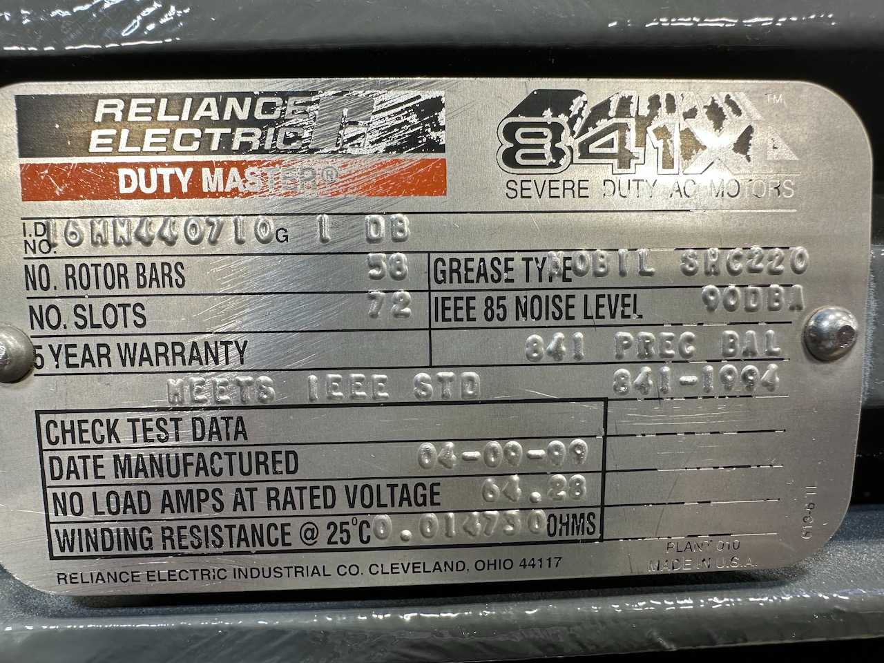 Reliance 841XL severe duty 250hp 449T 460V 1785 rpm electric motor