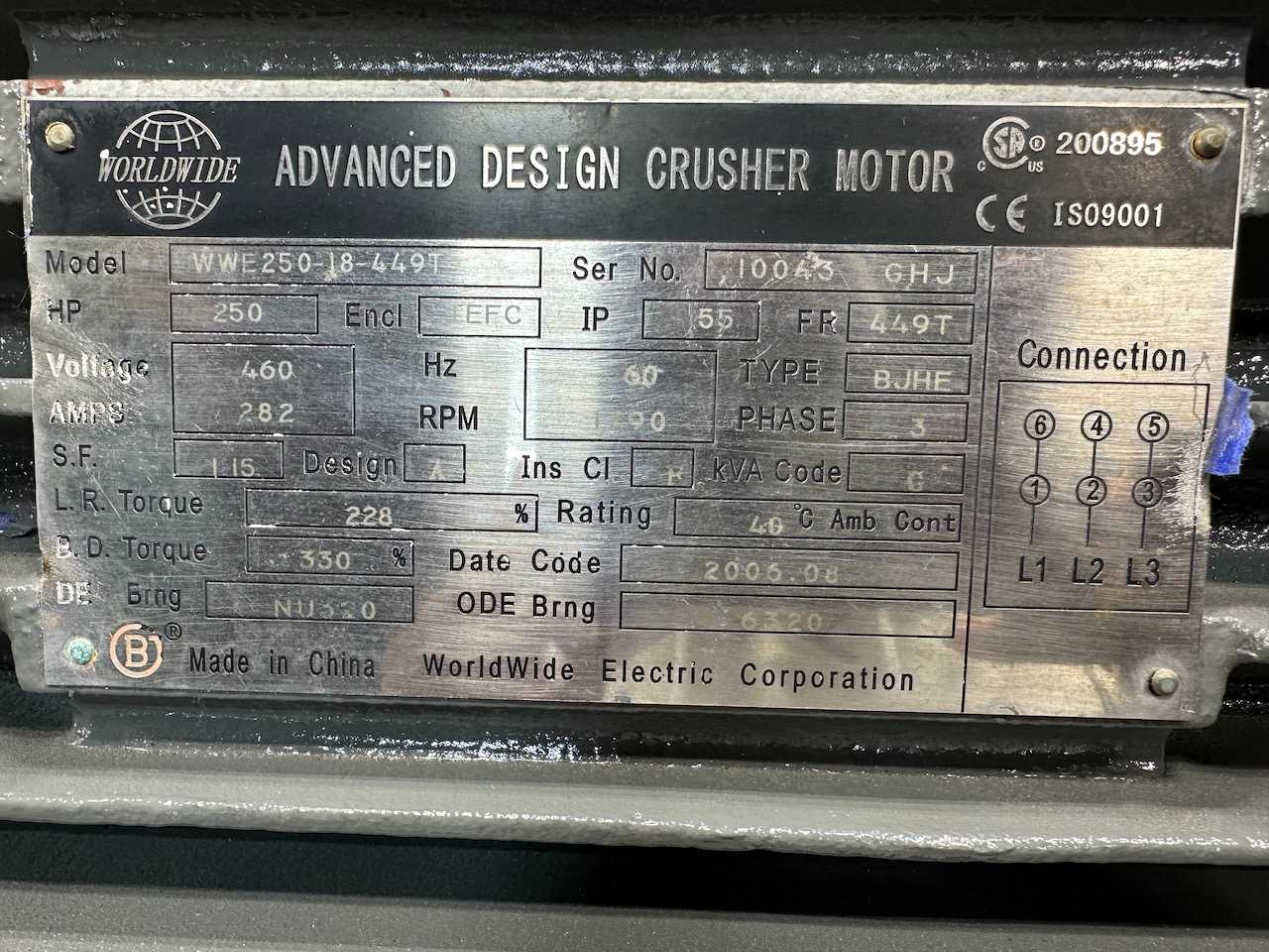 Worldwide Advanced Crusher Motor - 250 HP, 460V TEFC - High-Performance Industrial Motor