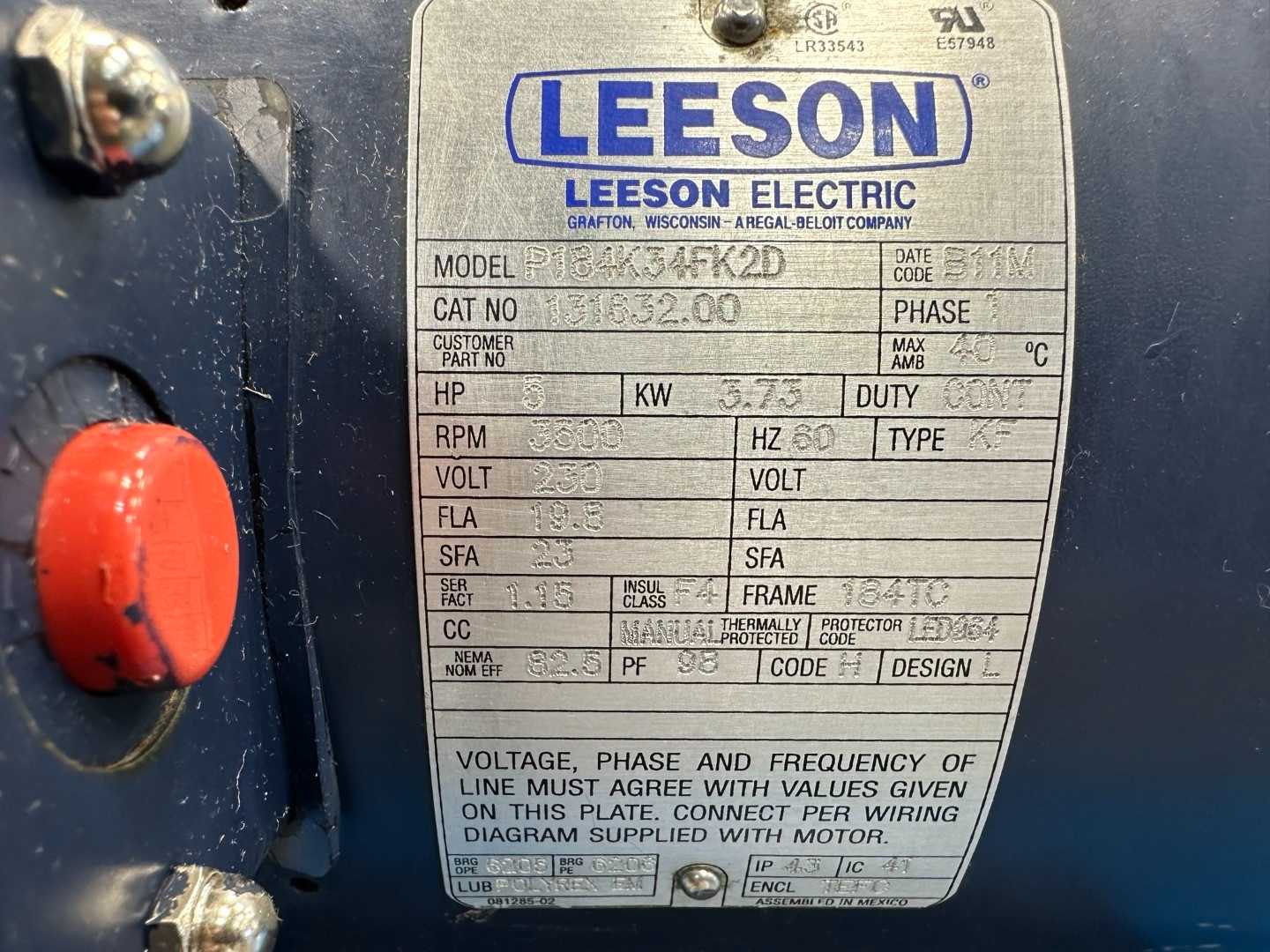 5HP LEESON P184K34FK2D 230V 1PH 3500 rpm 184TC Electric Motor