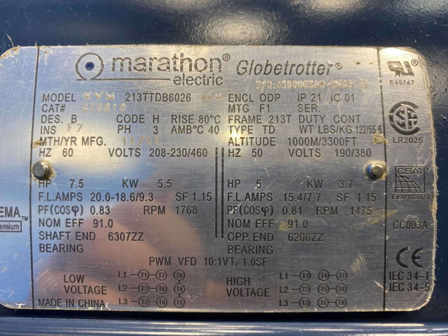 Marathon Electric  XYM2131TTDB6026 Globetrotter Motor 7.5 HP 