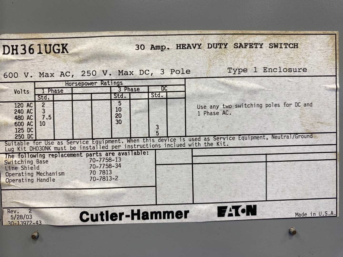 EATON Cutler Hammer Safety Switch DH361UGK 30 AMP 