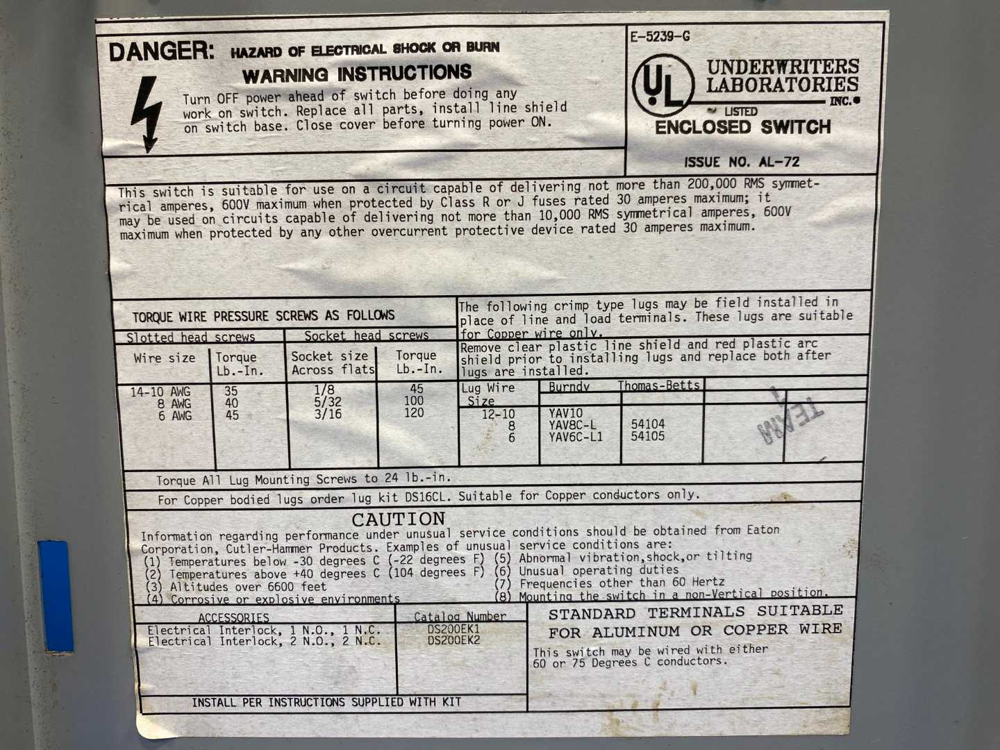 EATON Cutler Hammer Safety Switch DH361UGK 30 AMP 