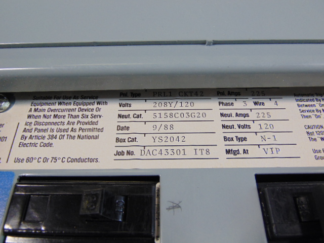 225A Westinhouse PRL1CKT42 208Y/120 4 wire 3ph Panelboard w/key