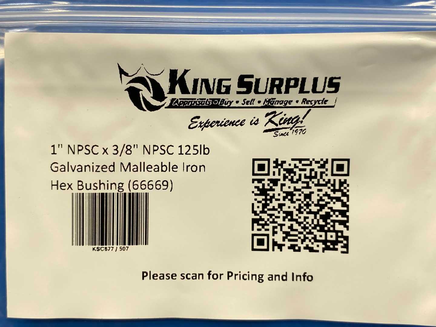 1" NPSC x 3/8" NPSC 125lb Galvanized Malleable Iron Hex Bushing (66669)