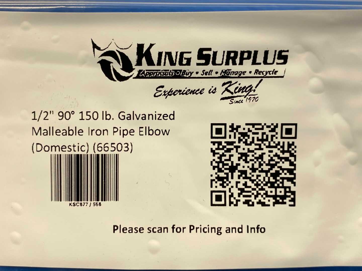 1/2" 90° 150 lb. Galvanized Malleable Iron Pipe Elbow (Domestic) (66503)