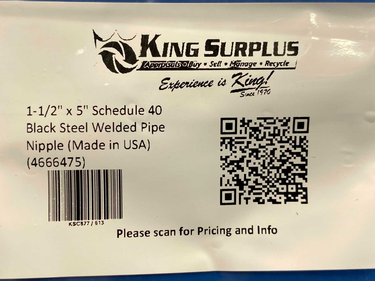 1-1/2" x 5" Schedule 40 Black Steel Welded Pipe Nipple (Made in USA) (4666475)