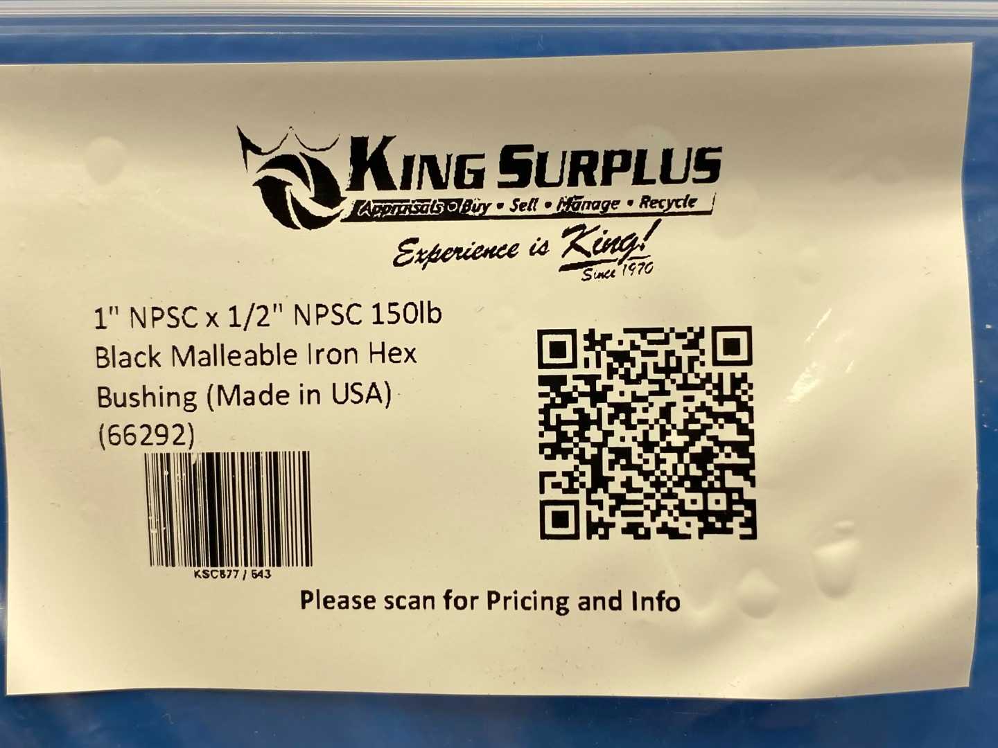 1" NPSC x 1/2" NPSC 150lb Black Malleable Iron Hex Bushing (Made in USA) (66292)