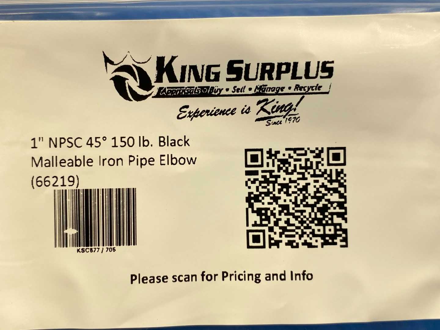 1" NPSC 45° 150 lb. Black Malleable Iron Pipe Elbow (66219)