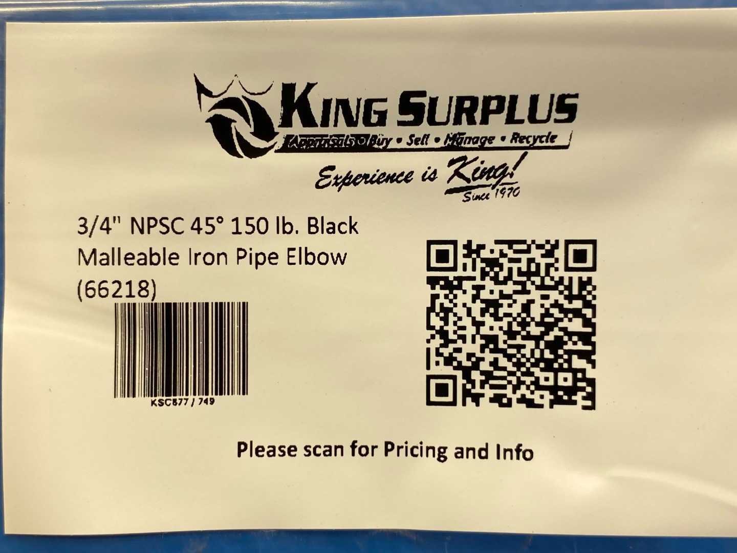 3/4" NPSC 45° 150 lb. Black Malleable Iron Pipe Elbow (66218)