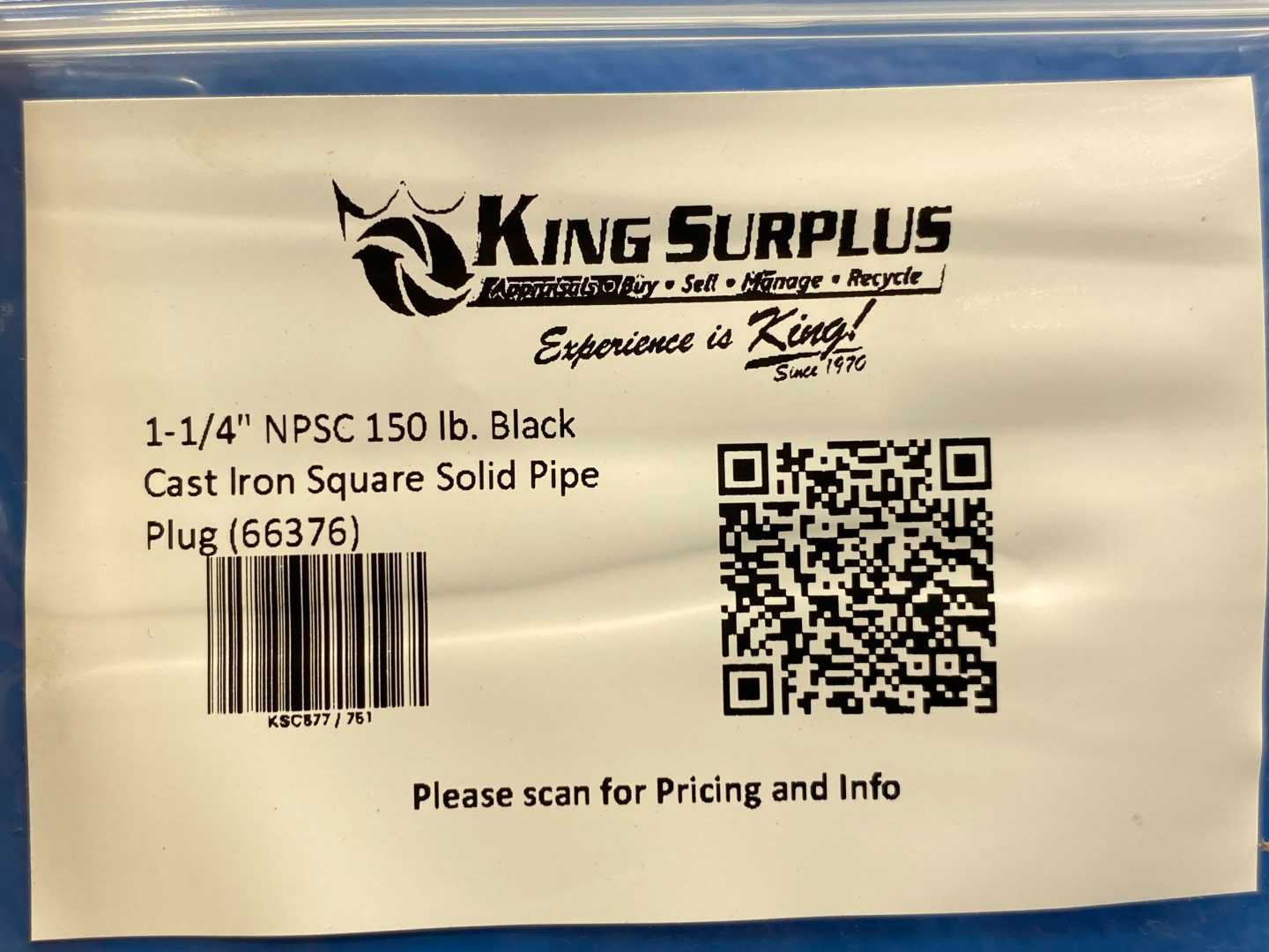 1-1/4" NPSC 150 lb. Black Cast Iron Square Solid Pipe Plug (66376)