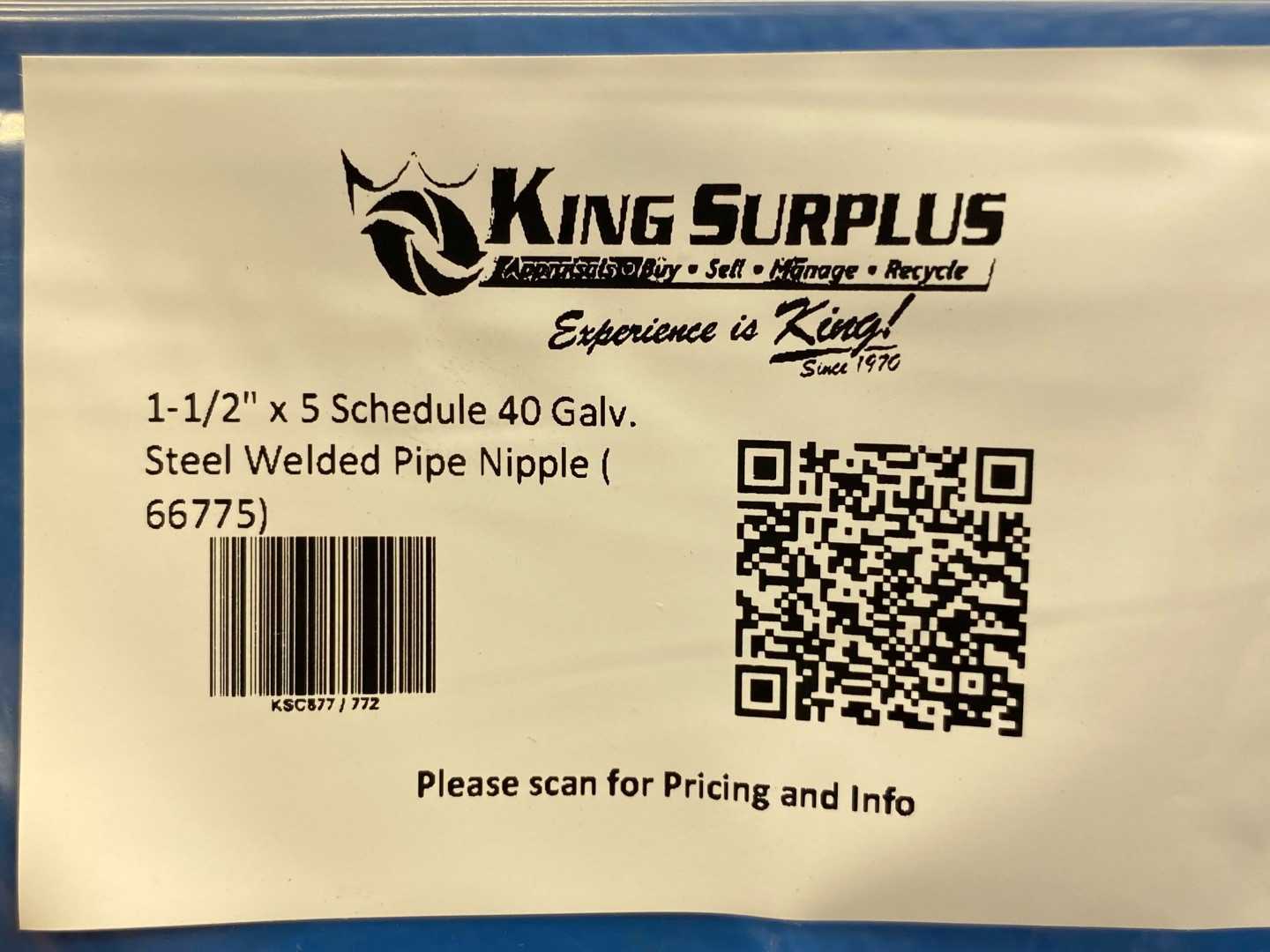 1-1/2" x 5 Schedule 40 Galv. Steel Welded Pipe Nipple ( 66775)