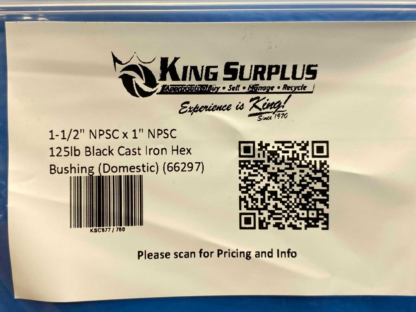 1-1/2" NPSC x 1" NPSC 125lb Black Cast Iron Hex Bushing (Domestic) (66297)