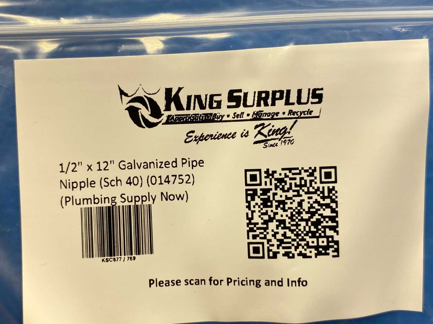 1/2" x 12" Galvanized Pipe Nipple (Sch 40) (014752) (Plumbing Supply Now)