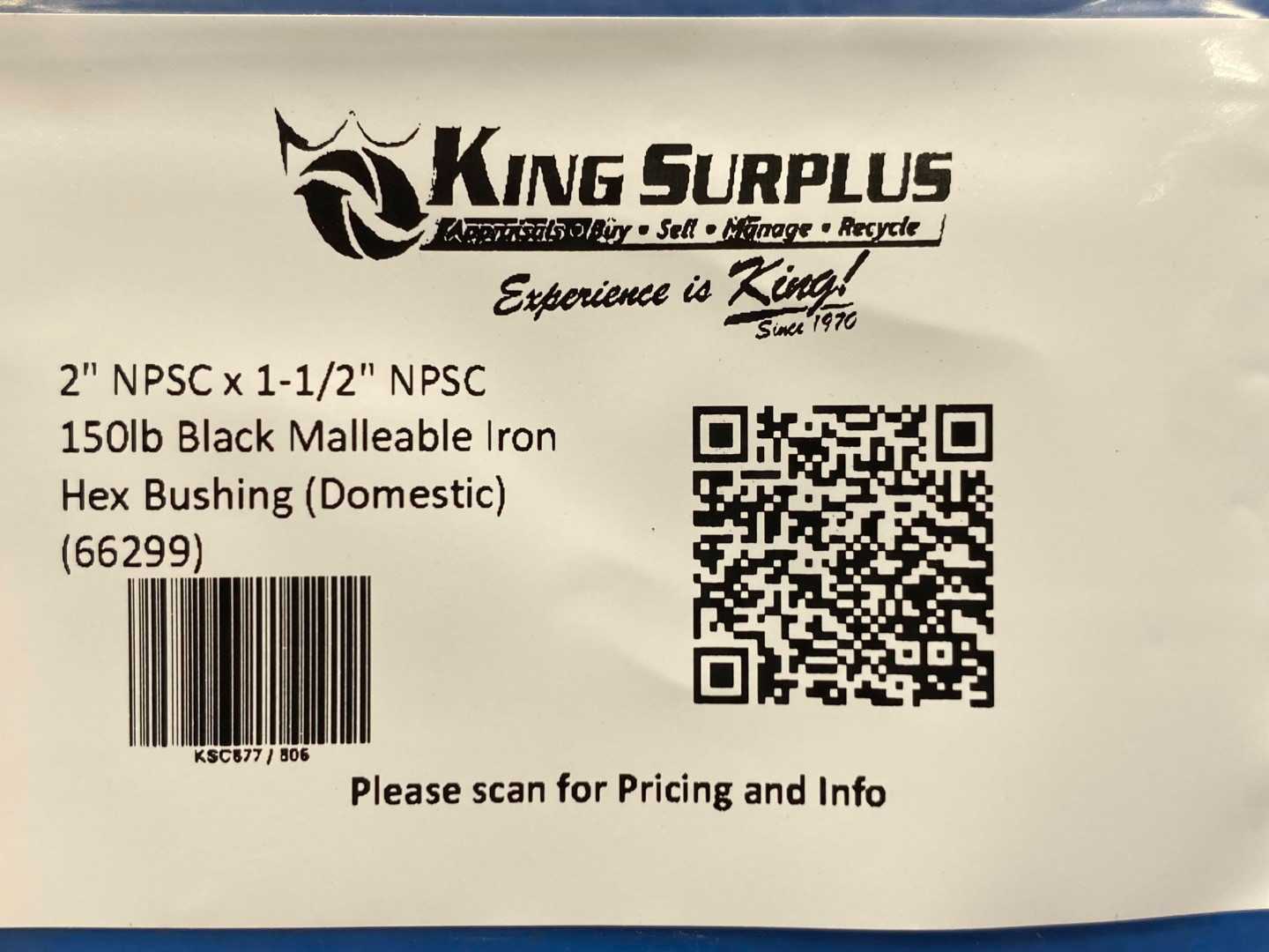 2" NPSC x 1-1/2" NPSC 150lb Black Malleable Iron Hex Bushing (Domestic) (66299)