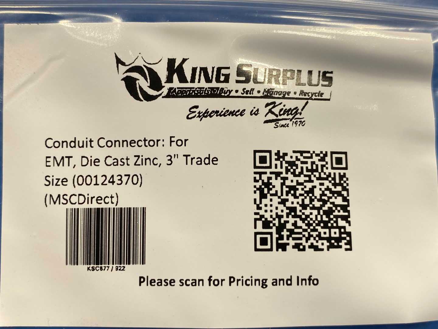 Conduit Connector: For EMT, Die Cast Zinc, 3" Trade Size (00124370) (MSCDirect)