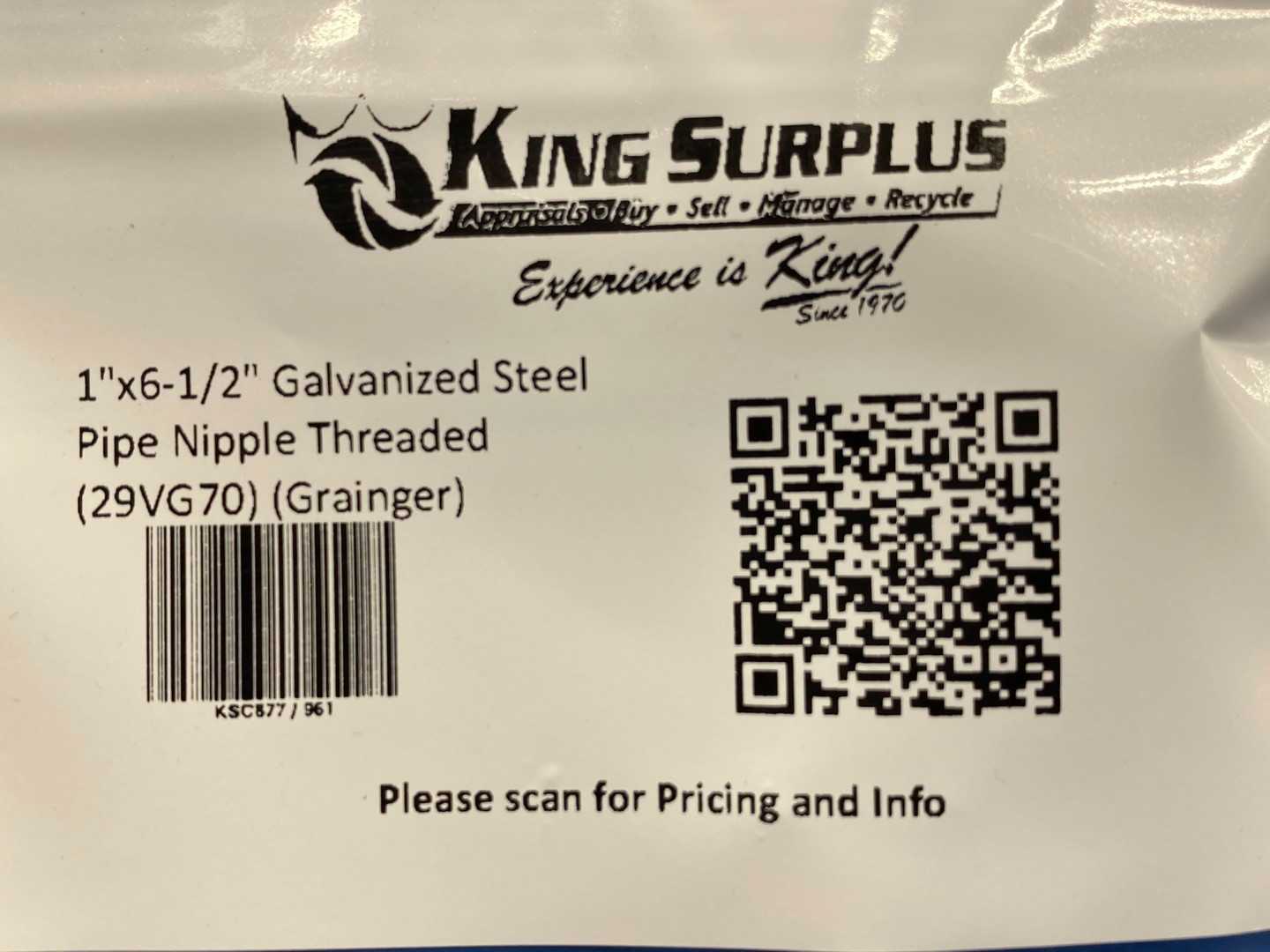 1"x6-1/2" Galvanized Steel Pipe Nipple Threaded (29VG70) (Grainger)