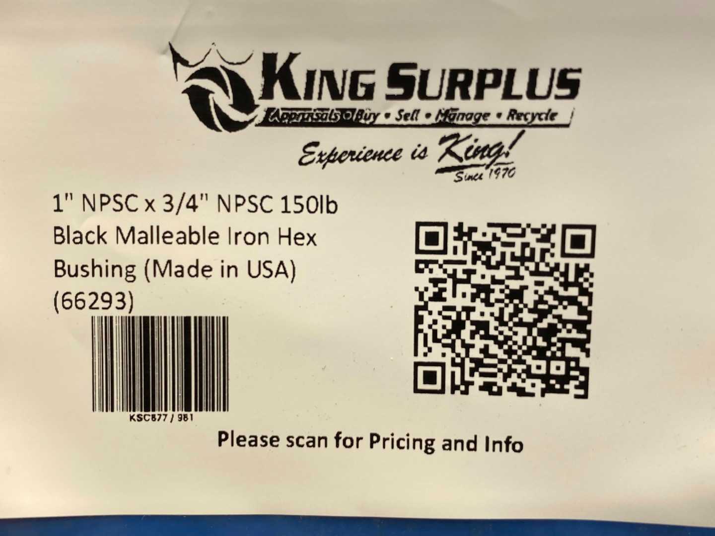 1" NPSC x 3/4" NPSC 150lb Black Malleable Iron Hex Bushing (Made in USA) (66293)