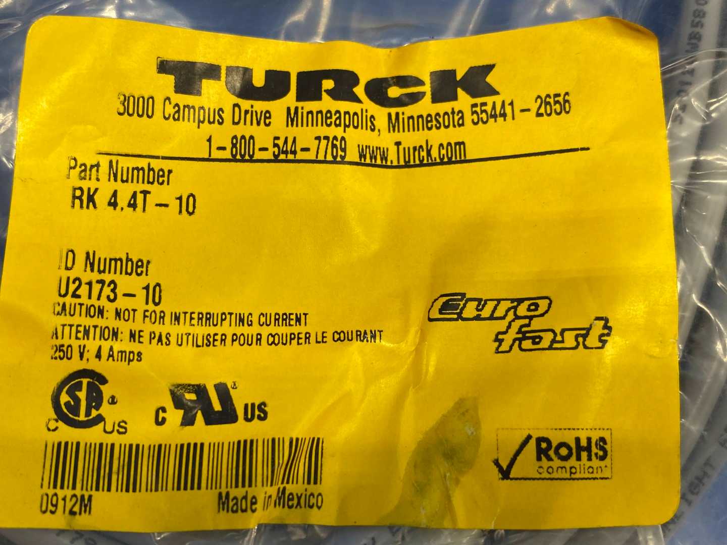 Turck Actuator and Sensor Cordset  Connection Cable RK 4.4T-10 10m Cable