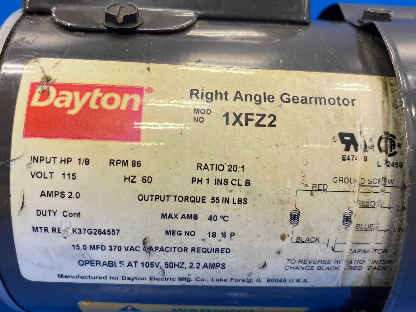 Dayton Right Angle Gearmotor 1XFZ2 Speed Reducer