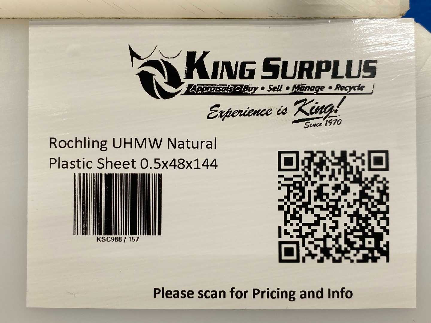 Rochling UHMW Natural Plastic Sheet 0.5x48x144 (Will Cut to Size Needed)