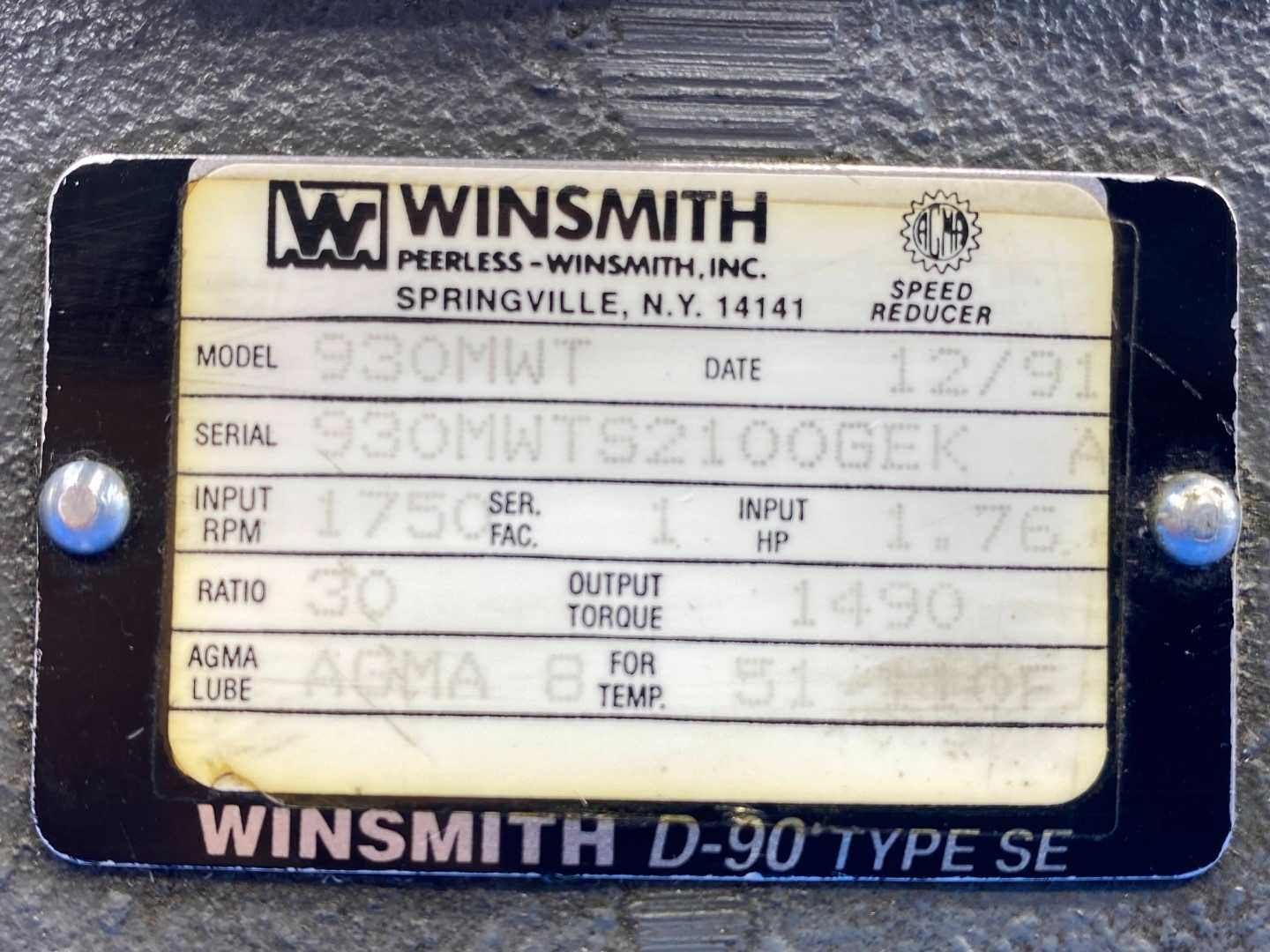 Winsmith 930MWT D-90 Type SE Speed Reducer Ration 30