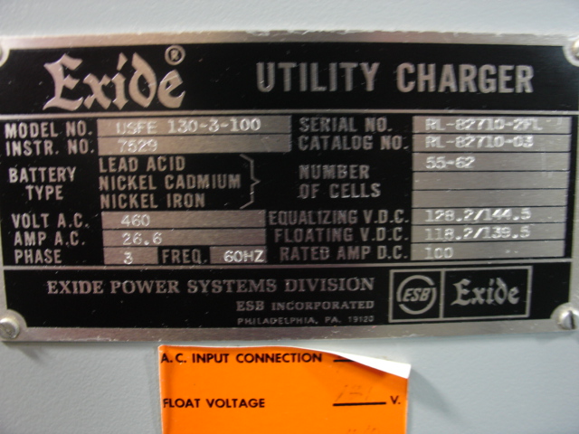  EXIDE UTILITY CHARGER 100 amp 3ph 460V USFE 130-3-100 