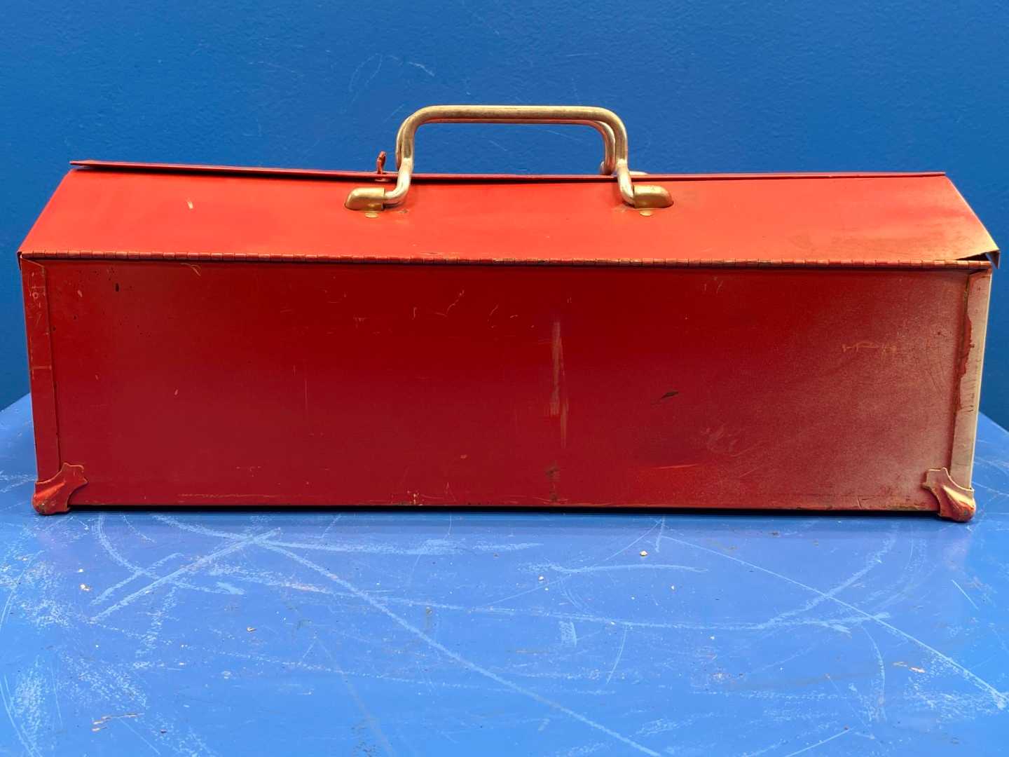 Antique T&D Metal Red tool box 8x21Lx9