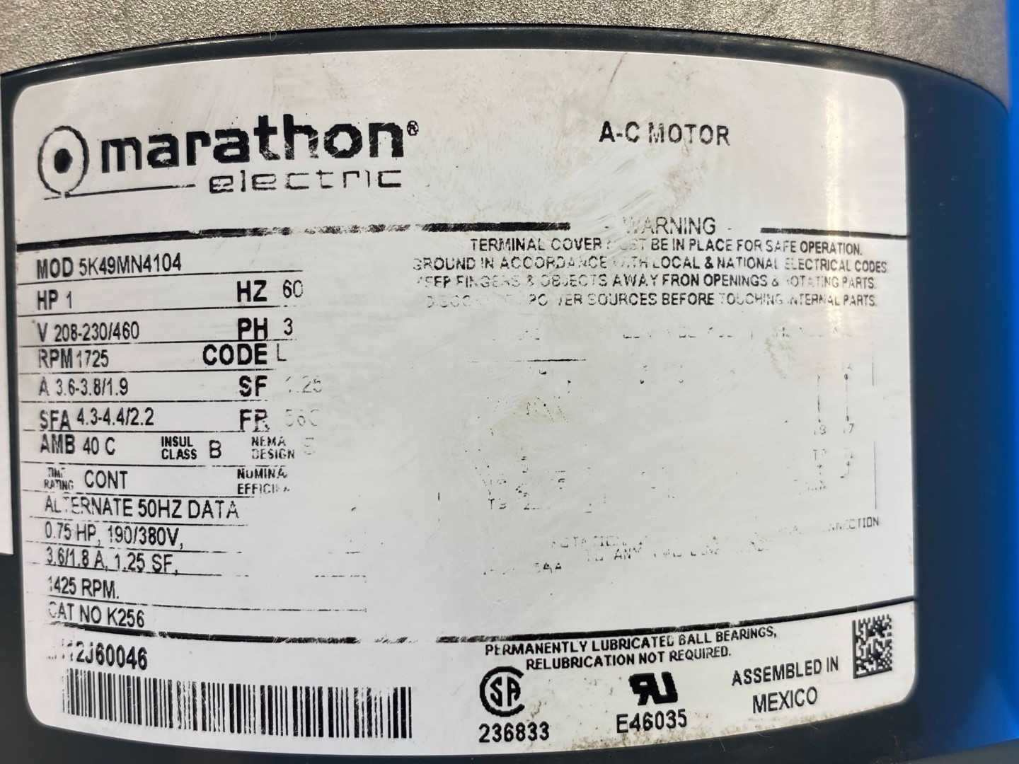 1HP Marathon Electric 5K49MN4104 A-C Motor RPM 1725 208v-230/460v  60HZ