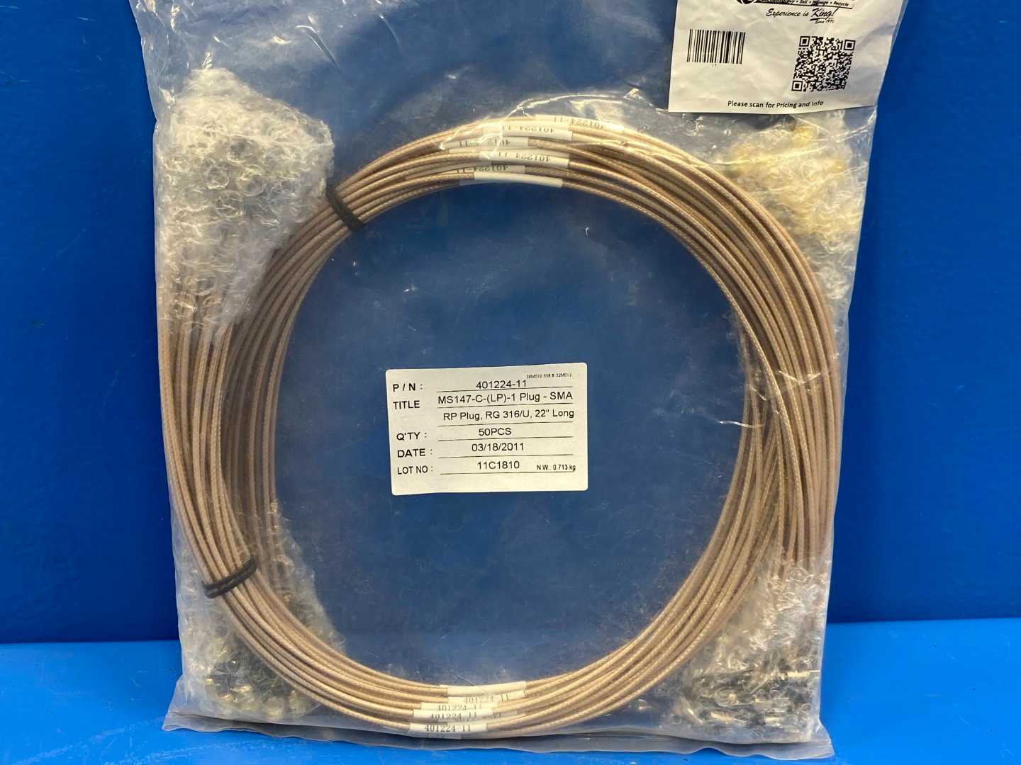 MS147-C-(LP)-1 Plug-SMA RP Plug, RG,316/U 22" Long Coax Cable (50 per bag)