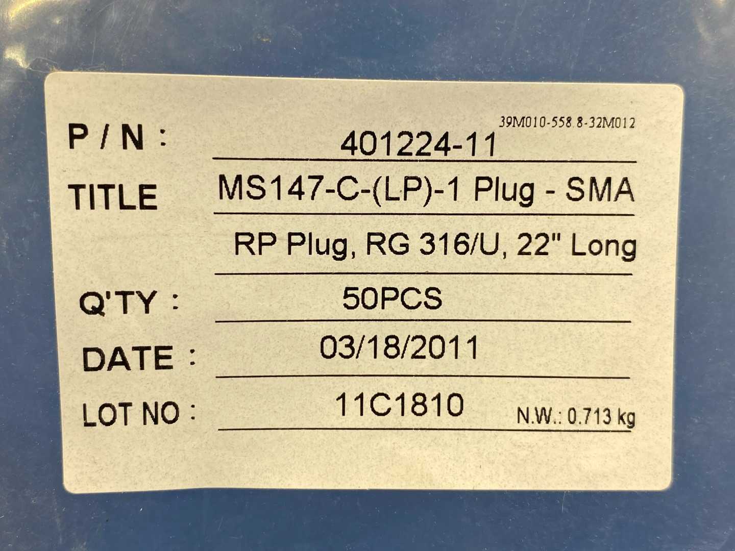MS147-C-(LP)-1 Plug-SMA RP Plug, RG,316/U 22" Long Coax Cable (50 per bag)
