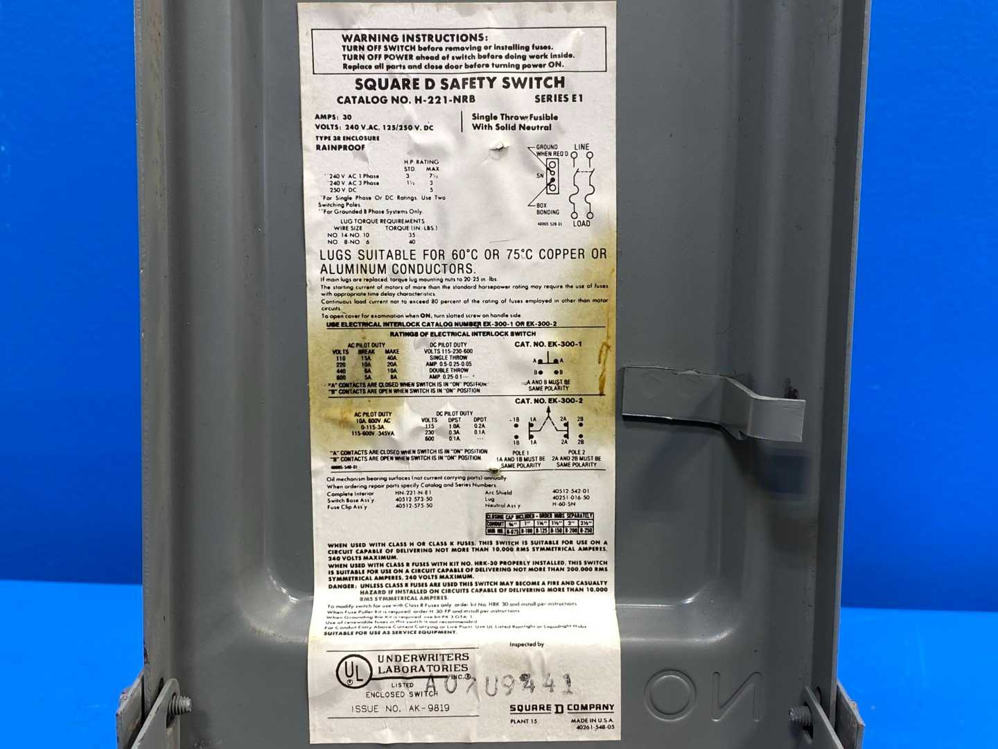  30 Amp Square D H-221-NRB Safety Switch Series E1 3R NEMA 7.5 HP 240VAC