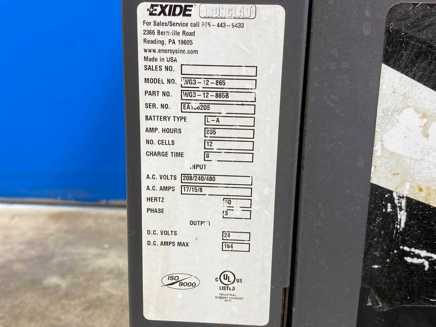 Exide WG3-12-865 Gold 24 Volt Industrial Battery Charger 3 Phase / 240 V